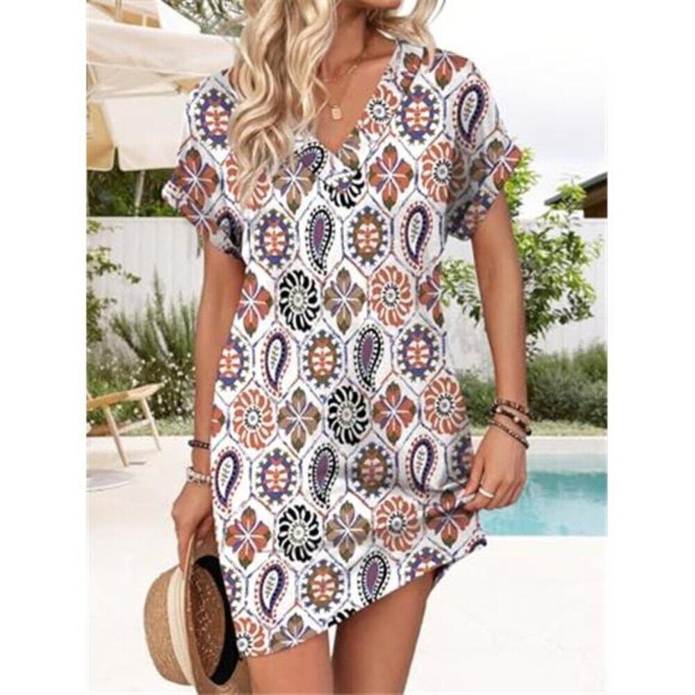 Casual T-Shirt Dress V-Neck Short Sleeve Colorful Floral Dress with Pockets